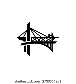 Stilisierte Hängebrücke Logo, ikonische Wahrzeichen Silhouette, Engineering Wunder Symbol, städtische Infrastruktur-Design, moderne Grafik