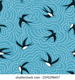 Stylized swallows on turquoise background. Vector bird seamless pattern design with line clouds for kids fabric or wallpaper.  Line art repeat background.