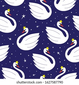 Stylized swan bird princess seamless patter. Vector illustration