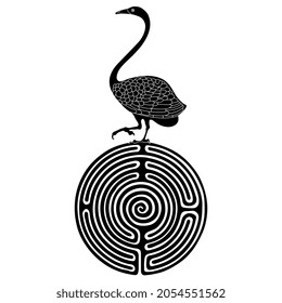Stylized swan bird standing on top of a round spiral maze or labyrinth symbol. Creative concept. Ancient Greek mythology. Black and white negative silhouette.