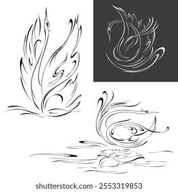 stylized swan gracefully floats on water flapping its wings; graphic design; SET