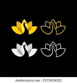 stylized swan logos with lotus flower designs in different color schemes: yellow, yellow outline, gray, and white outline, on a black background