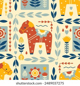 Stylized Swedish vector seamless pattern with Dala horse, Nordic flowers and leaves. Retro folk background. Tile print for patchwork or fabric swatch. Simple hand drawn home decor 