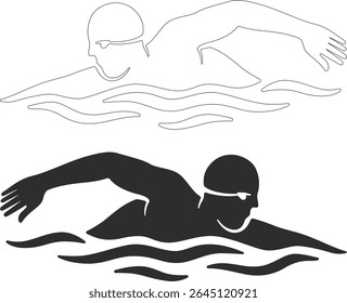 stylized swimmers depicted as dark silhouettes against a white background.