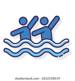 Stylized Swimming Icon: Two Blue Figures in Wavy Water Illustrat