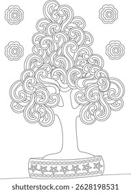 Stylized Swirling Tree and Flowers Line Art for Coloring, Detailed black and white line drawing of a stylized tree with swirling patterns for leaves and abstract flowers. Ideal as a coloring page