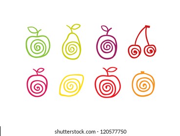 Stylized swirly fruits icons. Vector illustration