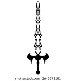 Stylized sword design features symmetrical black ornamentation on a transparent background, creating a bold graphic illustration suitable for tattoo design, gaming art, or fantasy concepts.