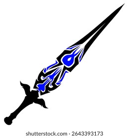 La ilustración estilizada de la espada presenta la empuñadura y la hoja negras con los patrones decorativos azul real audaces, creando una fantasía o tema medieval ideal para el juego o el Diseño gráfico.
