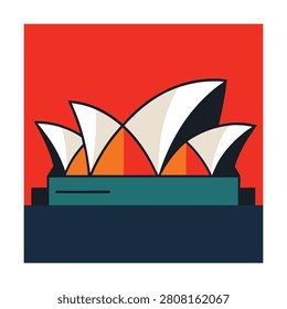Stylized of the sydney opera house landmark with a bold red background, and geometric shapes
