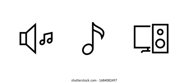 El símbolo estilizado es un altavoz moderno, nota melodía, música y ordenador personal. Conjunto de iconos Altavoz, Nota y Dispositivo de música. Vector de línea editable. Pictograma de grupo.