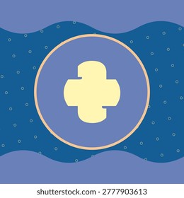 Stylized symbol Plus, sea nautical twilight color palette, wave strip border, shield crest, outlined text frame, circle outline texture pattern, with moonlight, beach dusk, indigo wave, deep marine color