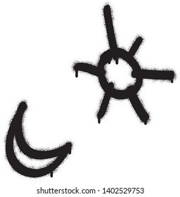 Stylized symbols of the Sun and crescent moon. Spray paint graffiti.