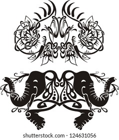 Stylized symmetric vignettes with elephants. Vector illustration EPS8
