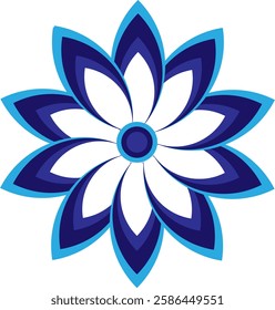 A stylized, symmetrical flower design with layered petals in shades of blue and white, set against a pure white background.
