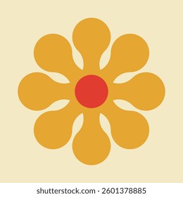 a stylized, symmetrical flower design in a retro aesthetic. It has a central red circle and six rounded, teardrop-shaped petals in a warm yellow-orange hue.