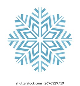 Ein stilisiertes, symmetrisches Schneeflocken-Design mit geometrischen Mustern in Blau- und Weißtönen.