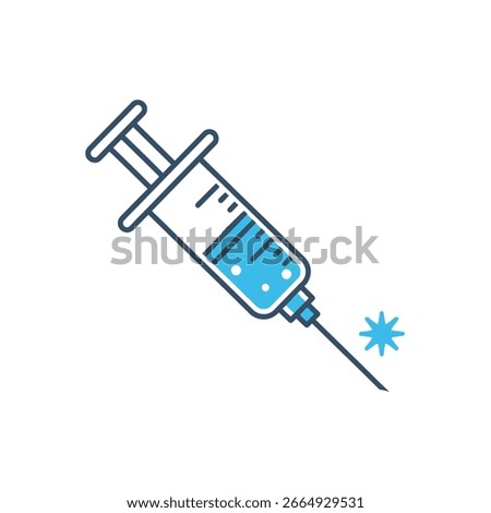 A stylized syringe with blue liquid and a needle, possibly injecting something.