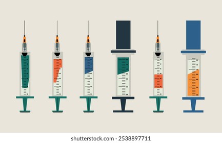  Conjunto de ilustração de vetor de seringa estilizada para designs médicos e de saúde. 