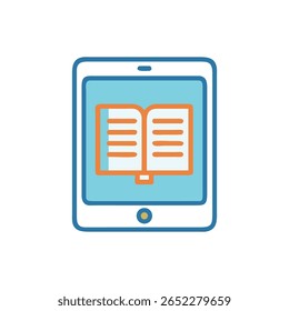 Stylized tablet displaying an open book illustration. Flat design, suitable for online learning and education apps.