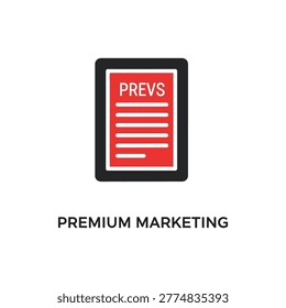 A stylized tablet displaying a red preview document labeled PREVS, representing premium marketing materials and branding concepts.