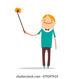 Stylized taking selfie happy man isolated isolated on white background. Selfie stick man. Flat design. Design element for flyers or banners.