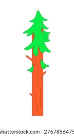 Stylized tall evergreen pine tree 2D cartoon object. Conifer pinetree. Spruce wood trunk firtree. Coniferous woodland forest plant isolated element flat vector clip art on white. Spot illustration