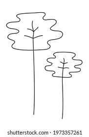 Stylized tall tree with a long trunk in doodle style. Simple cute decorative tree. Hand-drawn forest park plants, trees, vegetation. Ink sketch. Black outlines isolated on a white background. Vector.