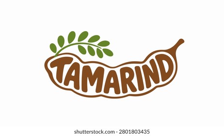 Stylized tamarind pod logo with green leaf and brown typography. Ideal for food branding.