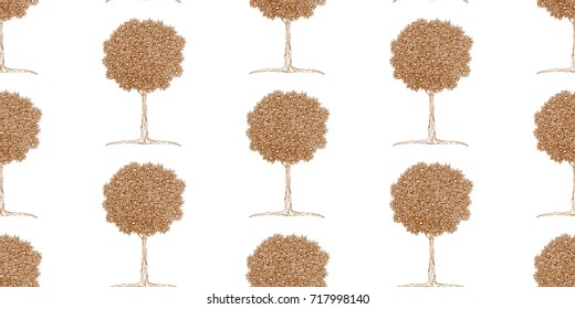 Stylized tangerine trees pattern in zentangle style for wallpapers. Vintage vector background with nature ornament "garden". Brown and white sketch. Line drawing trees on light background. Line art