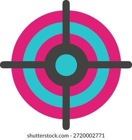 Um ícone de destino estilizado com círculos concêntricos e mira em rosa, azul e preto sobre um fundo branco.