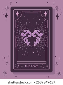 Stylized tarot card design in shades of purple featuring a heart symbol