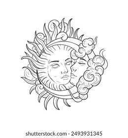 Stylized tattoo design featuring a sun with a human-like face on the left and a moon with a woman-like face on the right, surrounded by dynamic flames and cloud-like swirls.