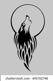 Stylized tattoo vector illustration of wolf howling at the moon