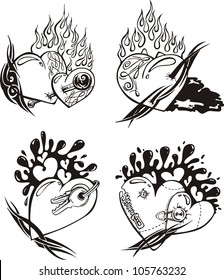 Stylized Tattoos with Hearts. Set of black and white vector illustrations.