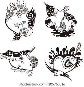 Stylized Tattoos with Hearts. Set of black and white vector illustrations.