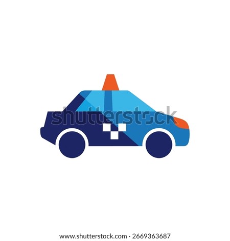 A stylized taxi cab icon, featuring a blue and dark blue body with a roof light.