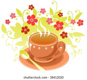 Stylized tea cup with  flowers isolated on a white background.