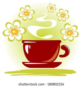 Stylized tea cup and flowers on a white background.