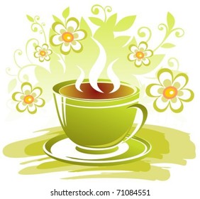 Stylized tea cup and flowers on a white background.