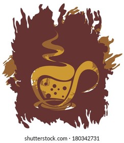 Stylized tea cup on a grunge brown background.
