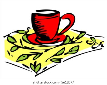 The stylized tea cup on a yellow napkin with green leaves.