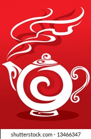 stylized tea pot in white on a red background, vector illustration, eps