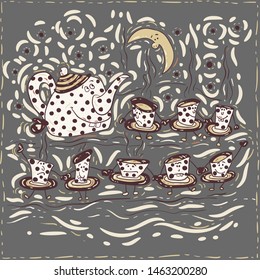 Stylized tea service in winter night is dancing and rejoice.
Can be used as: illustration, interior decoration.