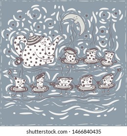 Stylized tea service in winter night is dancing and rejoice.
Can be used as: illustration, interior decoration.