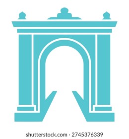 A stylized teal archway with columns and finials