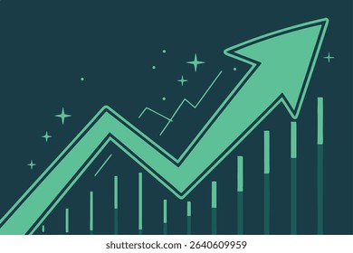 A stylized teal arrow ascends sharply, overlaid on a bar graph, symbolizing significant positive growth and progress. Small stars add a celebratory feel.