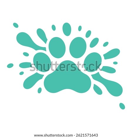 A stylized teal dog paw print is surrounded by expressive splashes of paint, creating a dynamic and playful graphic design.