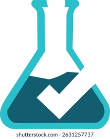 Um gráfico estilizado do Erlenmeyer com uma marca de verificação sobreposta, sugerindo experimentação ou conclusão bem-sucedida.