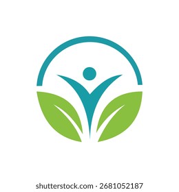 A stylized teal human figure with outstretched arms is embraced by green leaves within a teal circle, symbolizing health, growth, and nature's balance.